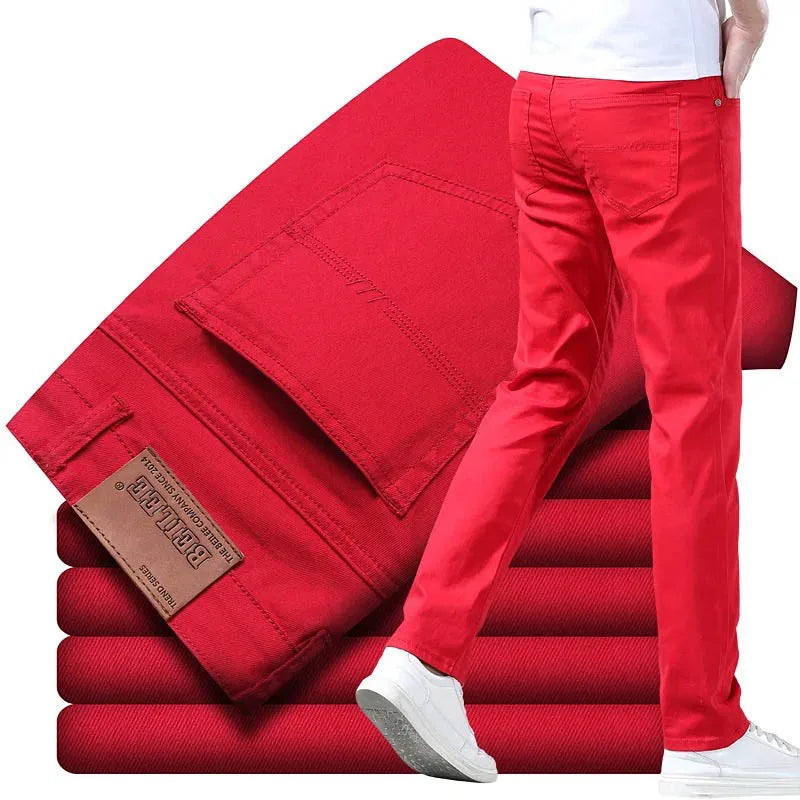 Men Classic Version Slim Stretch Trousers Clothing Red Straight Jeans Fashion High Quality Casual  Denim Pants Male 36 40