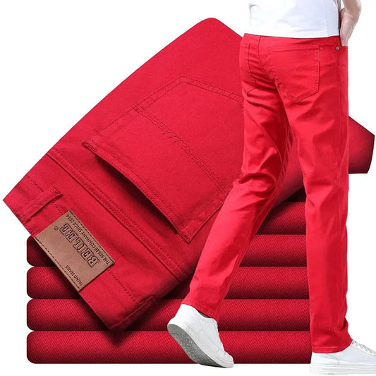 Men Classic Version Slim Stretch Trousers Clothing Red Straight Jeans Fashion High Quality Casual  Denim Pants Male 36 40