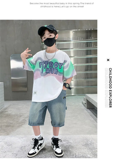 Summer Boy Denim Shorts and Top Clothes Set Outfit Kids Fashion 2-Piece Suit Korean Children Streetwear Tracksuit 5 6 7 9 10 14Y