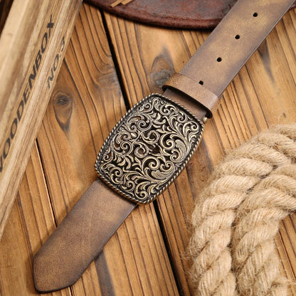 A Western-Buckle PU Belt Suitable for Both Men and Women, A Unique and Retro Brown Belt (With Perforated Nails Included)