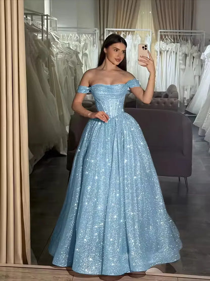Customized Moden Prom Dress 2026 Glitter Tulle Off the Shoulder Wedding Party Dress Boat-neck A-line Floor-Length Evening Gowns