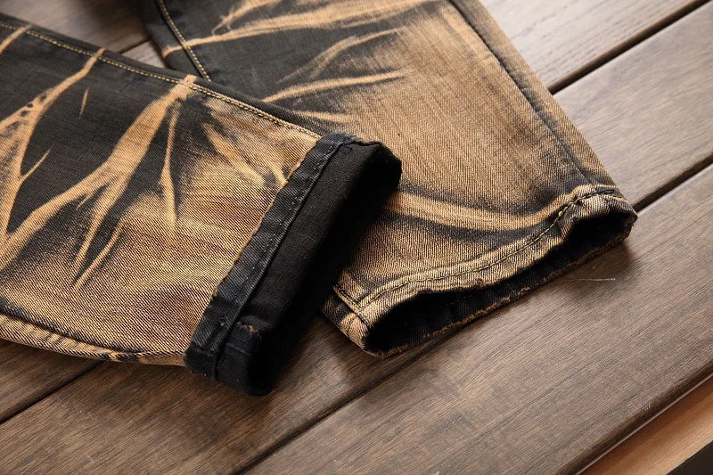 2026 Men's Fashion Vintage Jeans Slim Straight Leg Tie Dye Pleated Biker Denim Pants Male Casual Pants Oversized 42 High Quality