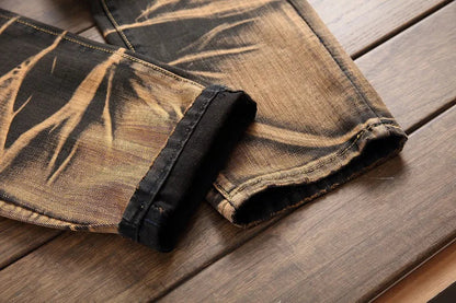 2026 Men's Fashion Vintage Jeans Slim Straight Leg Tie Dye Pleated Biker Denim Pants Male Casual Pants Oversized 42 High Quality