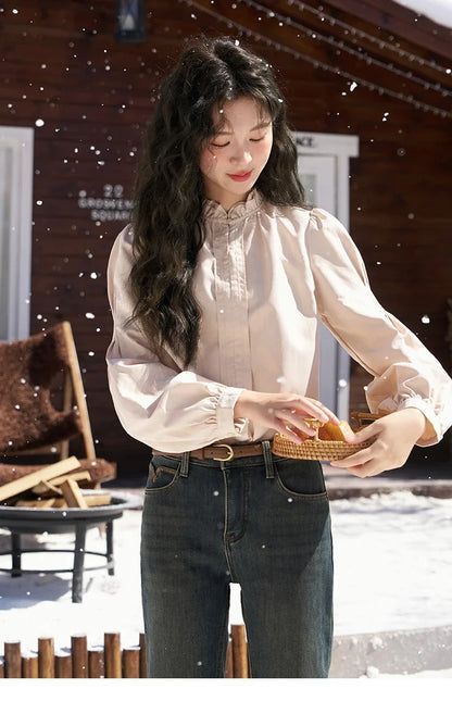 French Autumn Winter Button Up Lantern Long Sleeve Shirts Women Ruffle Neck Thick Warm Blouse Flannel Shirt MXC56X1320