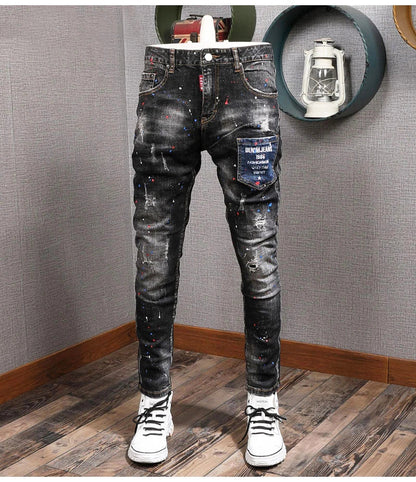 Fashion Streetwear Men Jeans Retro Black Blue Elastic Slim Fit Ripped Jeans Men Spliced Designer Embroidery Hip Hop Denim Pants