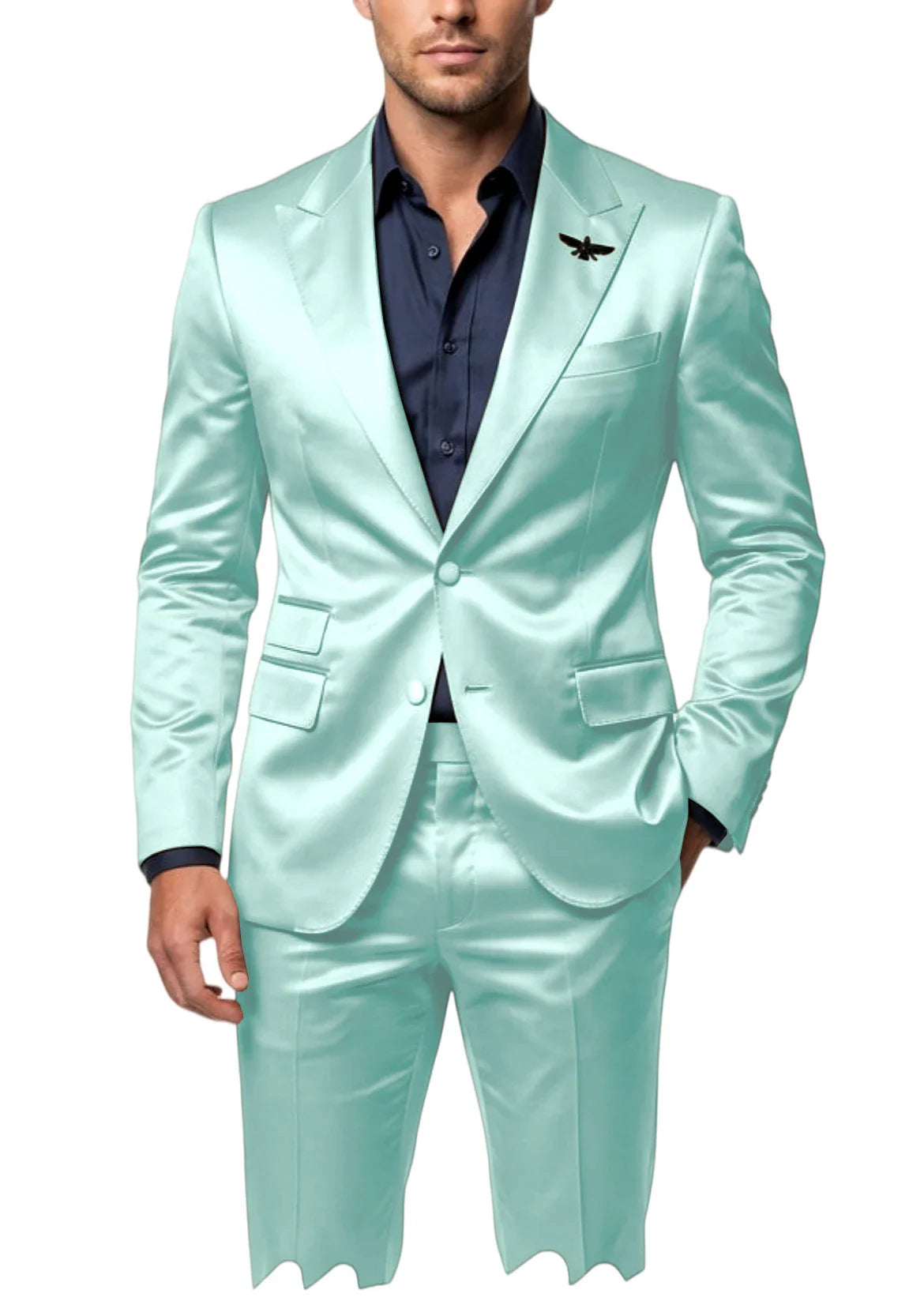 Men's Satin 2-Piece Suit Set Slim Fit Peak Lapel Tuxedo Blazer With Straight Leg Pants For Wedding Party Formal Wear