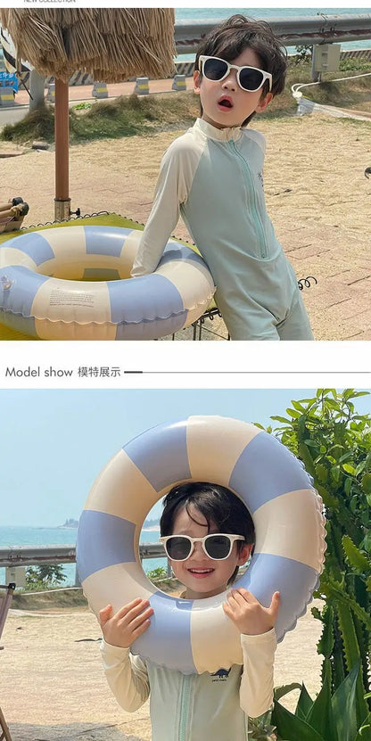 Summer Kids Swimwear Boys Beach Wear Plaid One-piece & Split Long Sleeve Boys Swimwear with Cap Sunscreen Baby Clothes