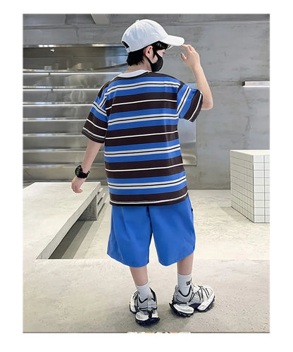 Elegant Children Summer Suit Outfit for Boy Striped Top and Bottom Set Kids Teenagers Cotton T-shirt Shorts 2 Pieces Clothes Set