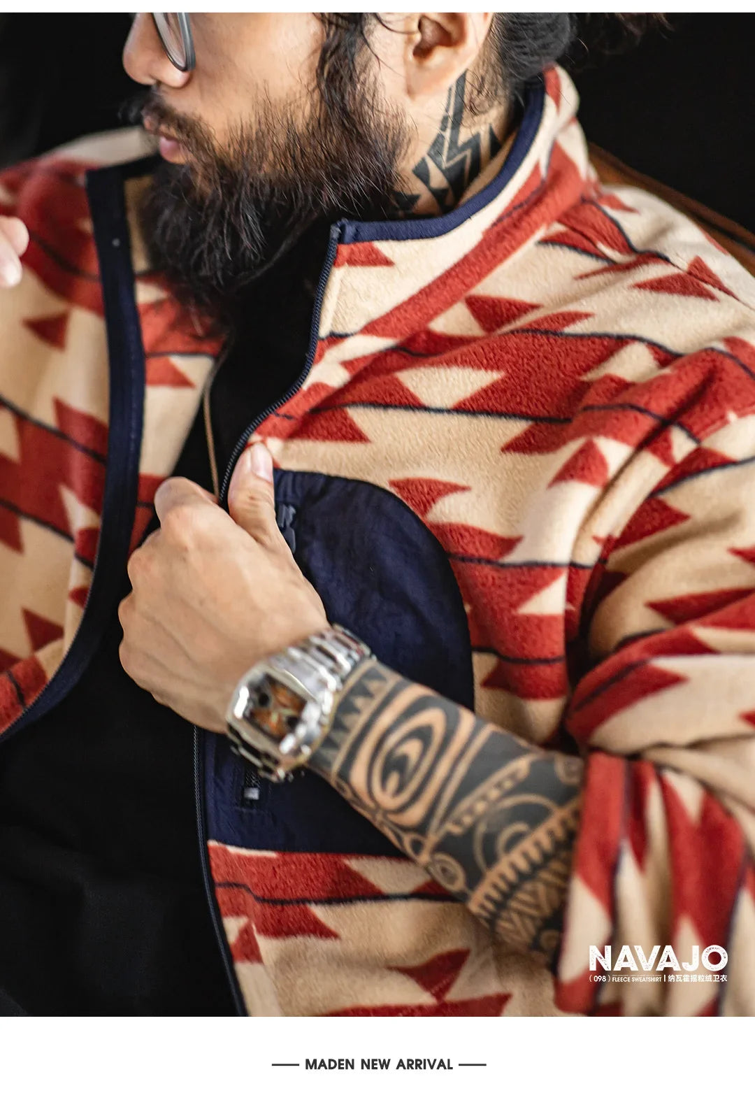 Men's Vintage Navajo Polar Fleece Jacket Stand Collar Zip-Up Patchwork Sweatshirt Warm Cardigan for Spring and Autumn Coat