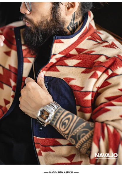 Men's Vintage Navajo Polar Fleece Jacket Stand Collar Zip-Up Patchwork Sweatshirt Warm Cardigan for Spring and Autumn Coat