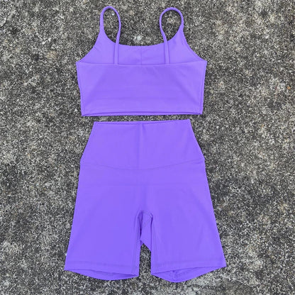 2 Piece Yoga Shorts Set Gym Sports Set Women Workout Clothes Fitness Suit Thin Strap Bra Top High Waist Shorts Running Tracksuit