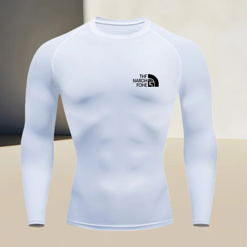Men's fitness compression shirt with round neck, long sleeved muscle fit, suitable for bodybuilding and physical training
