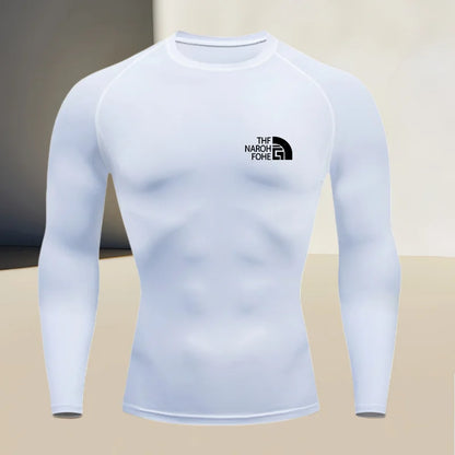 Men's fitness compression shirt with round neck, long sleeved muscle fit, suitable for bodybuilding and physical training