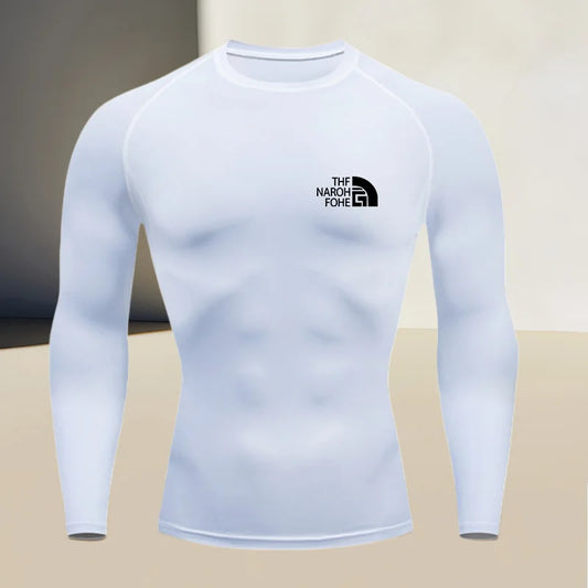 Men's fitness compression shirt with round neck, long sleeved muscle fit, suitable for bodybuilding and physical training