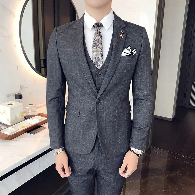 Blue Men Classic Striped/Checked Suits, Asian Size Slim Fit Business Office 3-Piece Sets, Black/Gray and Red Available.
