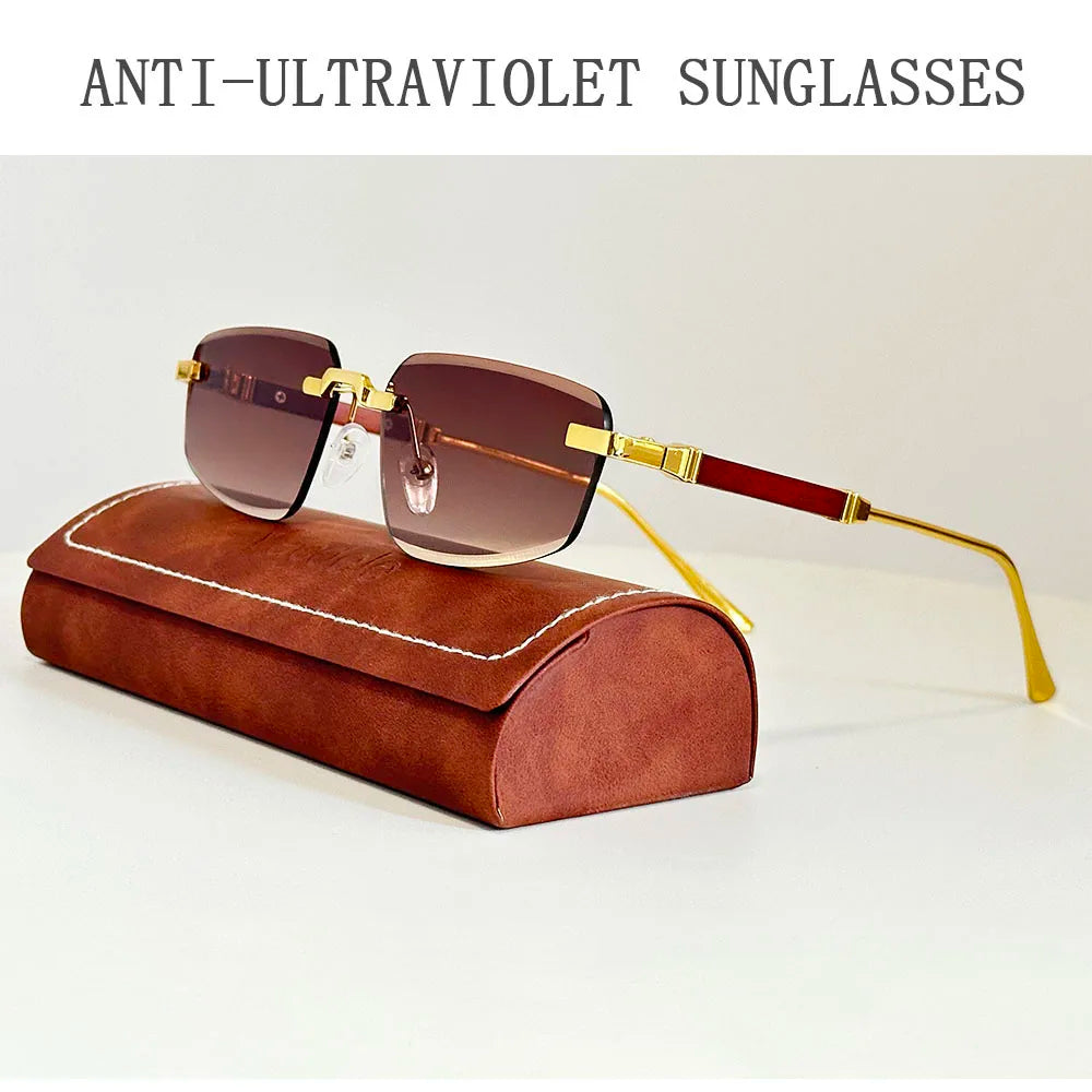 2026 Wooden Rimless Sunglasses Women Trendy Sunscreen Vintage Sunglass Men Vacation Fashion Glasses Lentes De Sol Mujer Okulary