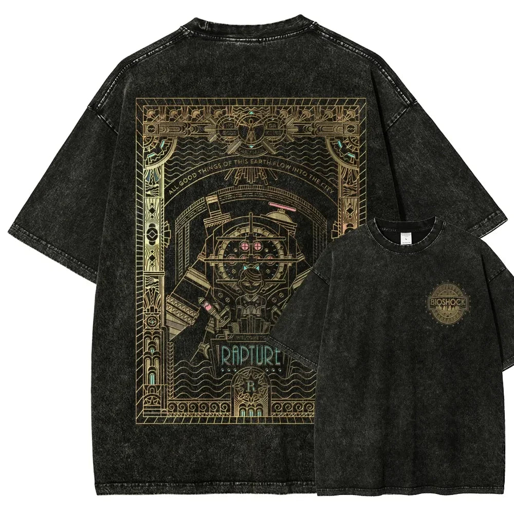 Classic Retro Shooting Game Bioshock Peripherals Graphic Print T-shirt Men Women New Harajuku Wind Tee Vintage Washed Cotton Top