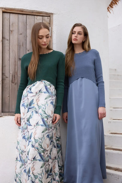 AS SS26 Luxe elegance slip satin dress + knitted top woman clothing set adjustable maxi floor length
