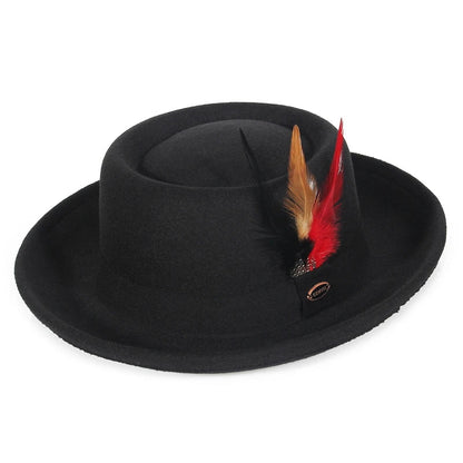 Autumn Winter Pork Pie Fedora Hat for Women Men Soft Felt Curved Brim Porkpie Hats with Hatband Feather
