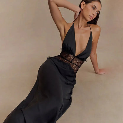 Sexy Deep V-neck Backless Lace Patchwork Satin Dresses for Women 2026 Summer Halter Sleeveless Long Maxi Party Evening Dress
