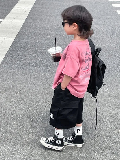 Japanese Style Boys 100% Pure Cotton T-Shirt 2026 Summer Kids Loose Comfortable Trendy Top