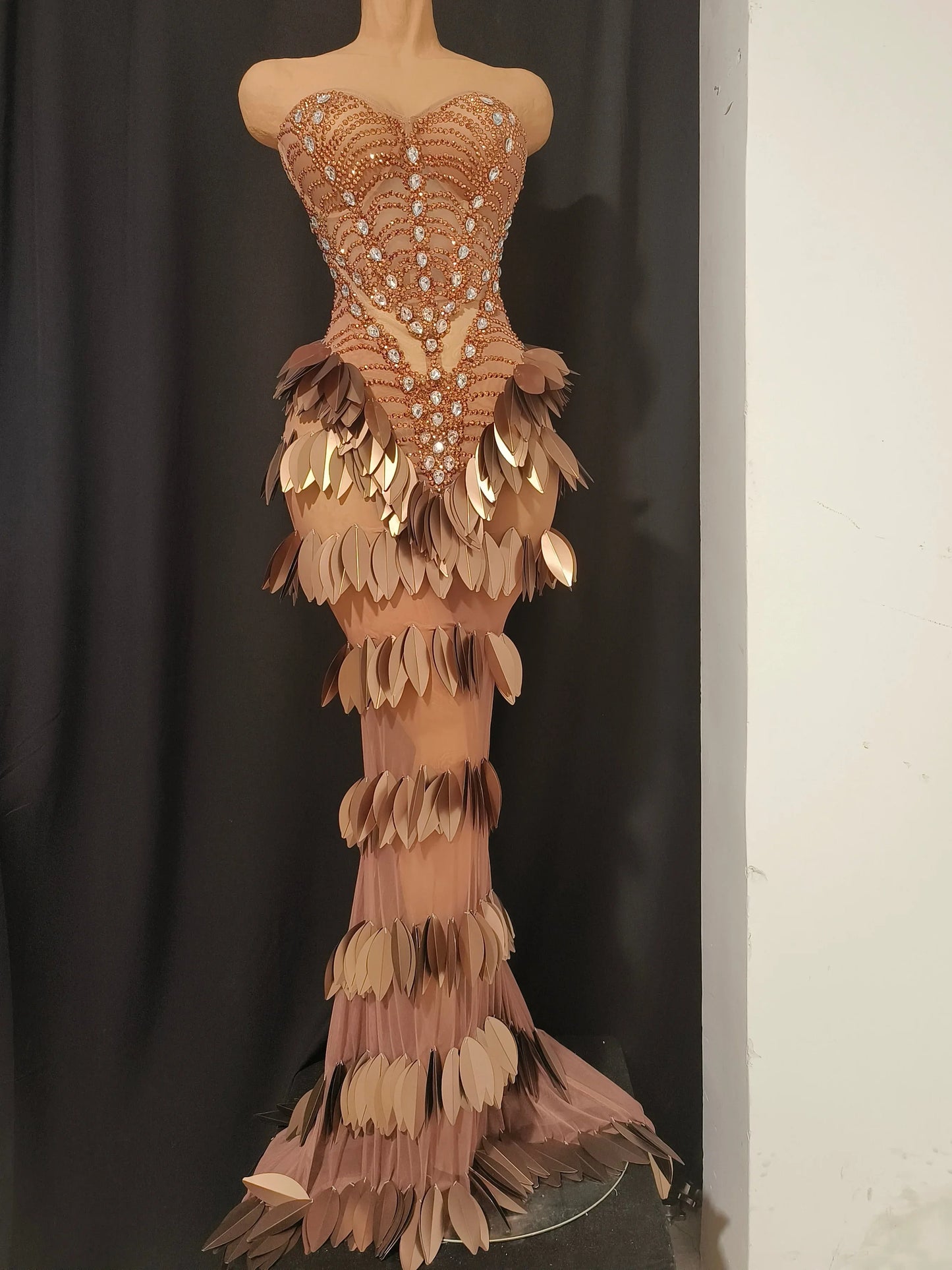 Sexy Sparkly Diamonds Leaf Strapless Mesh See Through Long Dress Birthday Evening Celebrate Party Nightclub Bar Show Stage Wear