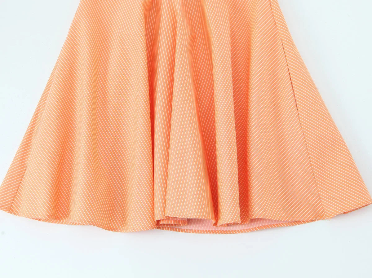 Women Summer Orange Striped Backless Zipper Mini Dress Thin Straps V-Neck Female Chic Lady Dresses Vestidos Para Mujer