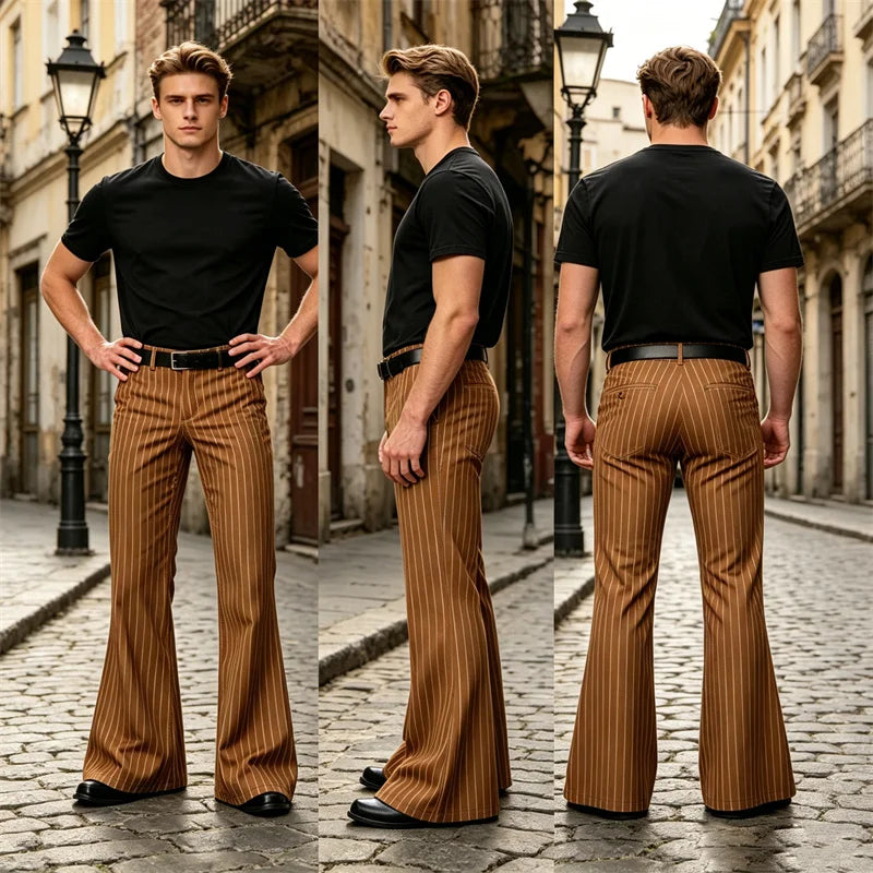 Men's Polyester Blend High Waist Flared Pinstripe Pants Soft Breathable Disco Party Retro Stage Nightclub Spring Summer Trousers