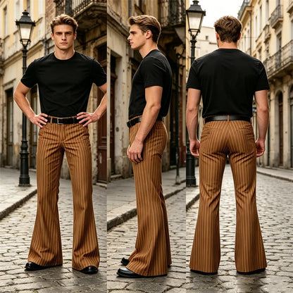 Men's Polyester Blend High Waist Flared Pinstripe Pants Soft Breathable Disco Party Retro Stage Nightclub Spring Summer Trousers