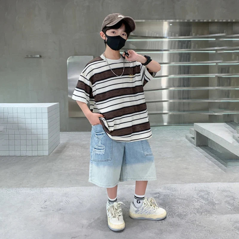 Luxury Summer Suit for Boy Short Sleeve Striped T-shirt + Denim Shorts 2 Pieces Clothing Set Kids Children Cotton Top Bottom Set