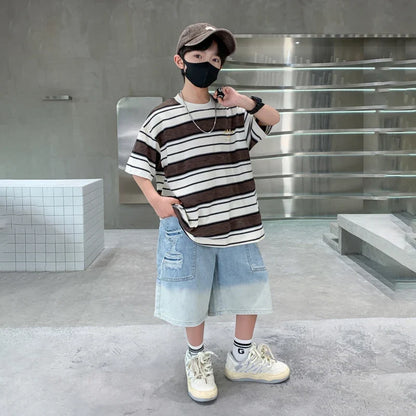 Luxury Summer Suit for Boy Short Sleeve Striped T-shirt + Denim Shorts 2 Pieces Clothing Set Kids Children Cotton Top Bottom Set