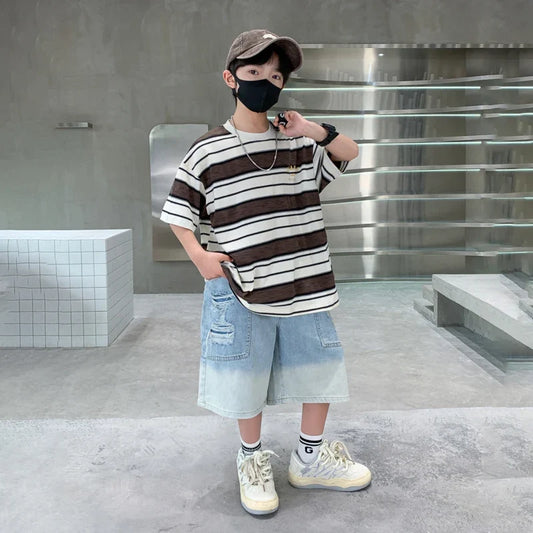 Luxury Summer Suit for Boy Short Sleeve Striped T-shirt + Denim Shorts 2 Pieces Clothing Set Kids Children Cotton Top Bottom Set