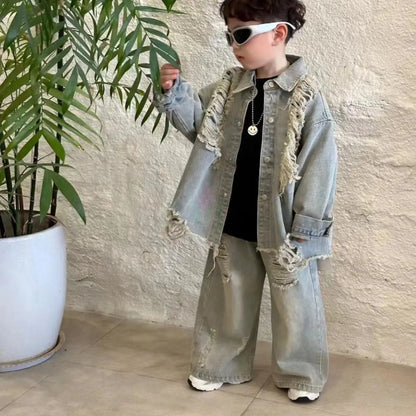 2-10Y Boys Spring Autumn Gray Retro Hole 2026 Denim Coat Pant Suit girl American Style New Loose Slimming High Waist Floor Pants