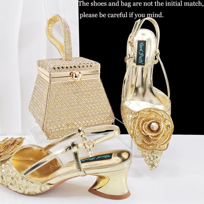 Nigerian Gold Color Party for Women Shoes and Bag Mixed Package Sequins Handbag Italian Design Wedding