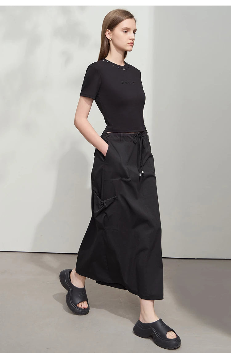Minimalist Women Clothing Skirt 2025 Autumn New Casual Loose Multi-pocket Drawstring Elastic Waist Long Skirt 12522020