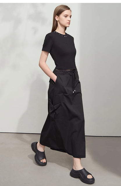 Minimalist Women Clothing Skirt 2025 Autumn New Casual Loose Multi-pocket Drawstring Elastic Waist Long Skirt 12522020
