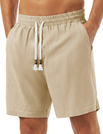 Men's Cotton Casual Shorts Loose Summer Beach Vacation Short Solid Pants with Deep Pockets Elastic Waist 7 Inch Inseam