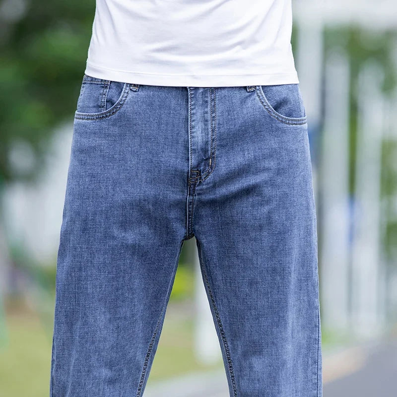 2026 New Autumn Men's Blue Straight-leg Jeans Business Casual Cotton Stretch Denim Pants Male Brand Plus Size 40 42 44