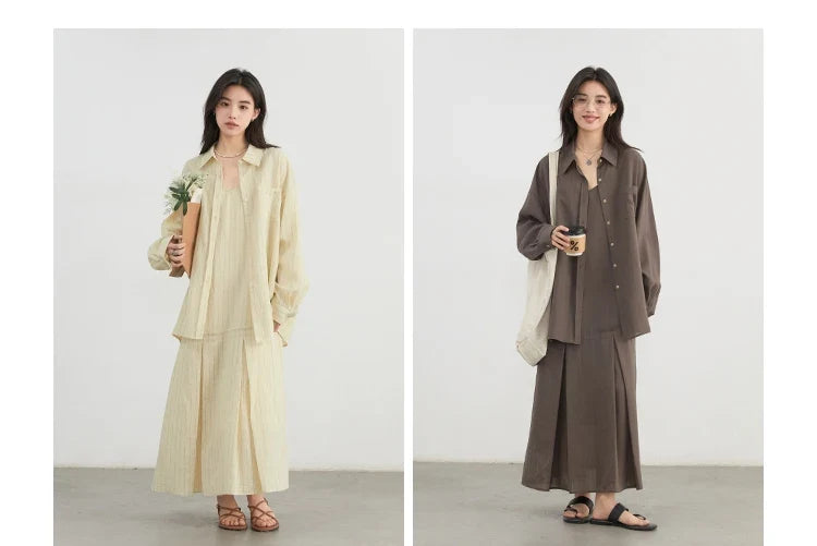 Women Dress Sets Stripe Shirt Loose Casual Long Sleeve Sunscreen Blouses Camisole V-neck Dresses Spring Autumn 2025