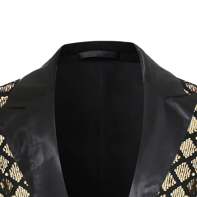 2026 Gold Men's Black Collar Suit Jacket, Glitter Sequin Decoration Wedding Party Dress Coat Black Silver Fashion Blazers.
