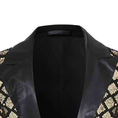 2026 Gold Men's Black Collar Suit Jacket, Glitter Sequin Decoration Wedding Party Dress Coat Black Silver Fashion Blazers.