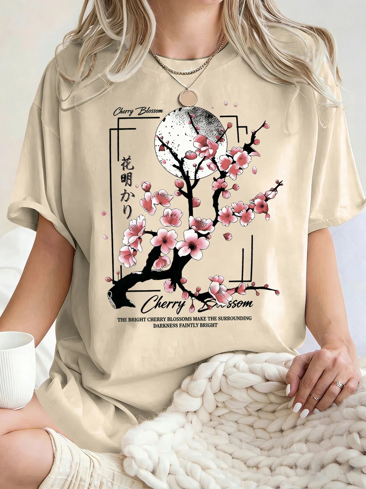 Japanese Cherry Blossom Design Women'S T-Shirt Loose Cotton T Shirts Crewneck Trendy Short Sleeve Y2K Summer Casual Streetwear