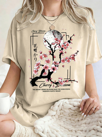 Japanese Cherry Blossom Design Women'S T-Shirt Loose Cotton T Shirts Crewneck Trendy Short Sleeve Y2K Summer Casual Streetwear