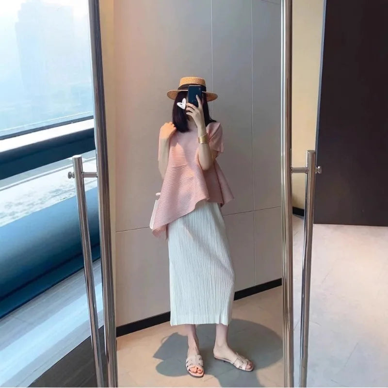 Miyake Irregular Short Sleeve Pleated Top Simple Loose Plus Size with Stretch T-Shirt Vacation Office Clothing Polyester Crepe