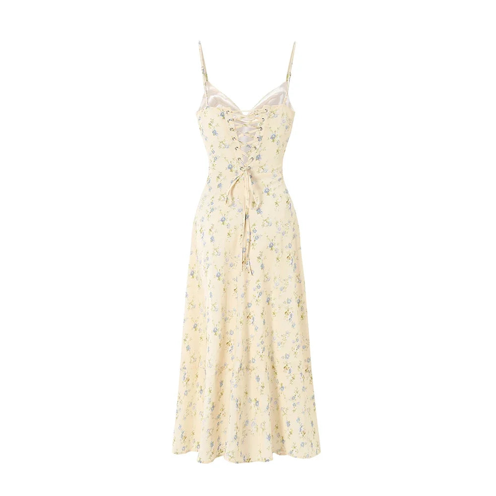 Summer V-neck Lace-up Back Floral Print A-line Midi Dress Casual Party Sun Dress for Women