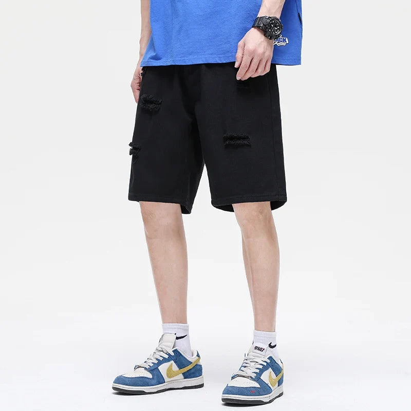 Summer New White Casual Men's Denim Shorts Ripped Fashion Loose Straight Street Bermuda Jeans Male Hole Short Pants