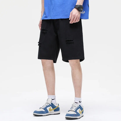 Summer New White Casual Men's Denim Shorts Ripped Fashion Loose Straight Street Bermuda Jeans Male Hole Short Pants