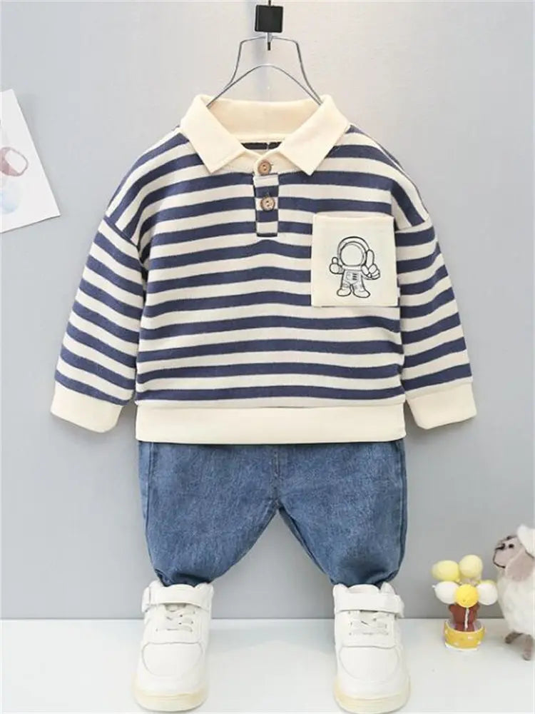 New Spring Autumn Kids Boys Clothes Strips Hoodies Jeans 2Pcs/Set Outfit Infant Kids Sport Casual Clothing Tracksuits 0-5 Years