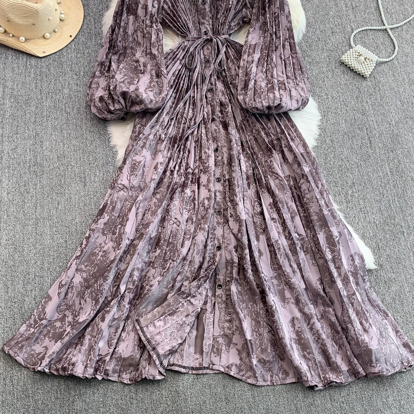 Ele Printed round Ne Lantern Sve Dr Women's Single Button Waist Cinch Maxi Skirt Long Dr Commute Sle Autumn