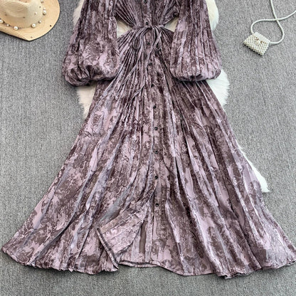 Ele Printed round Ne Lantern Sve Dr Women's Single Button Waist Cinch Maxi Skirt Long Dr Commute Sle Autumn